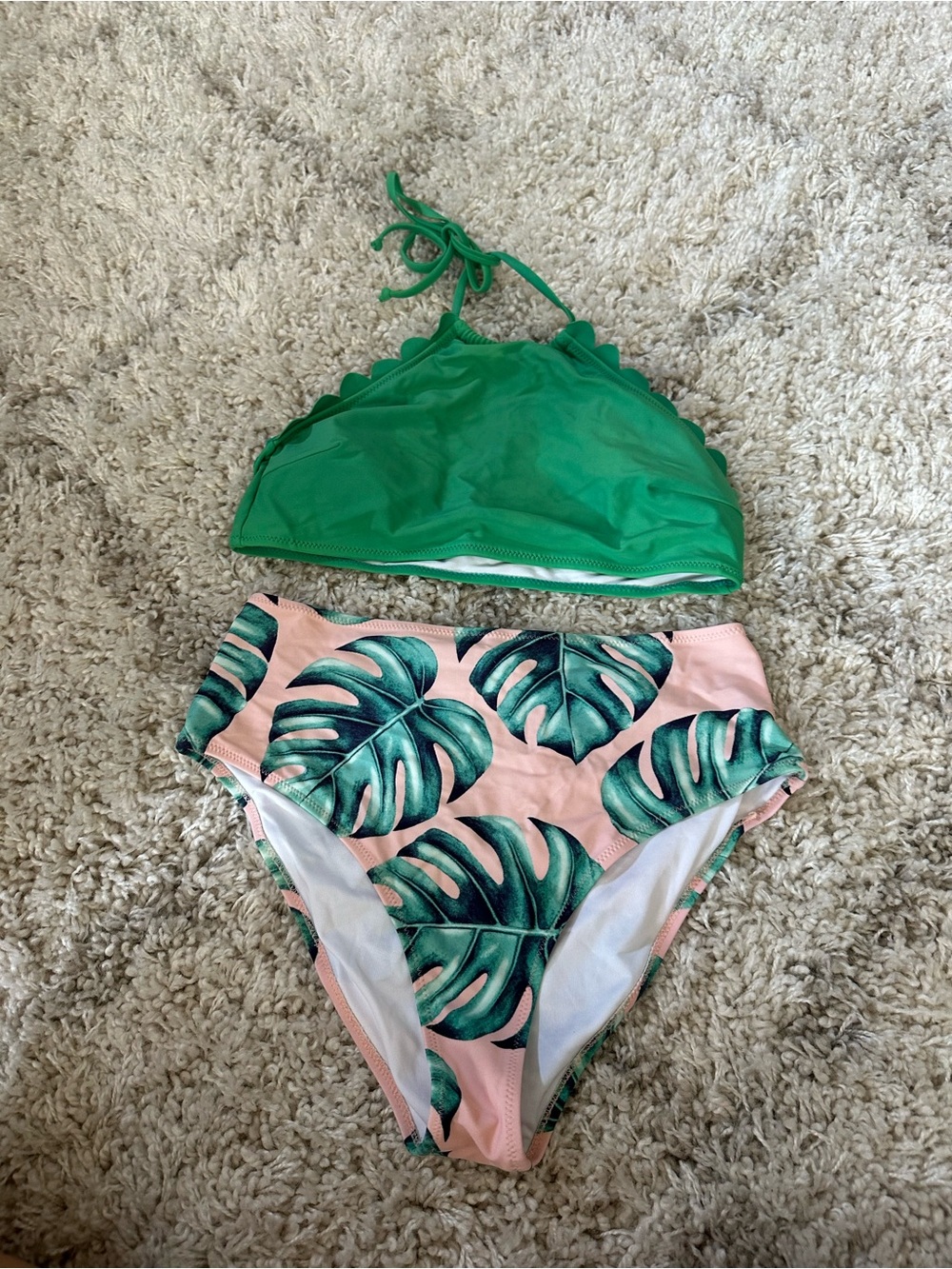 Green Scalloped Halter Top with Pink Tropical Leaf High-Waist Bottoms